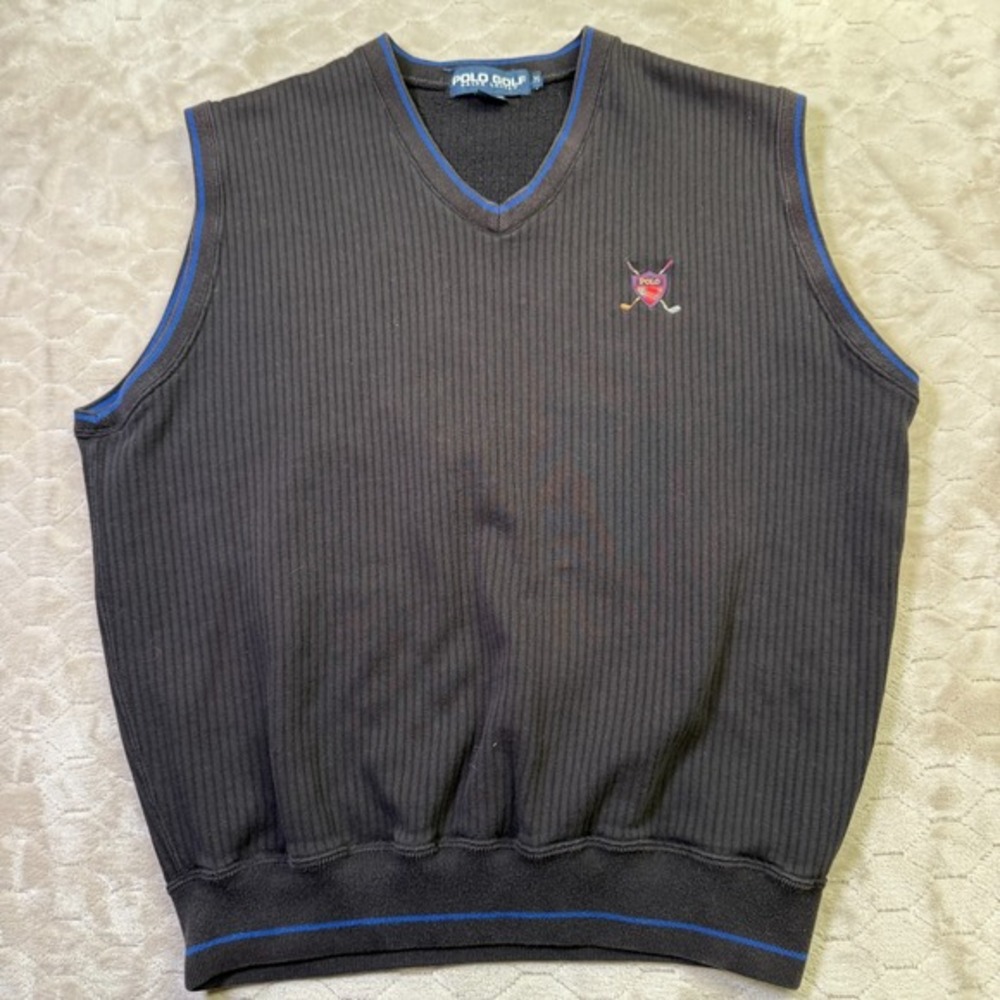 VTG Polo Ralph Lauren Golf V Neck Vest Sz Medium‎ Black Crest Logo Look